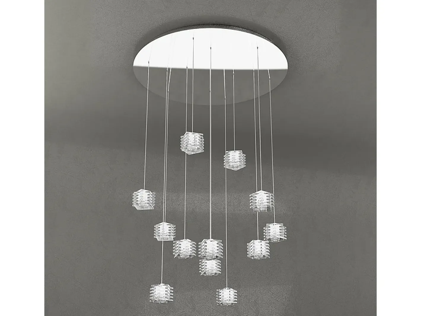 Discount Sospensione Contemporanea Rubik Metallo Cromo Diffusore Cristallo 12 Luci G9 Blanco