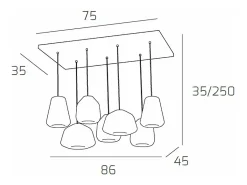 Sospensione Cromo 7 Luci Rettangolare Vetri 2X Alpha + 3X Beta + 2X Gamma Trasparenti Plateado