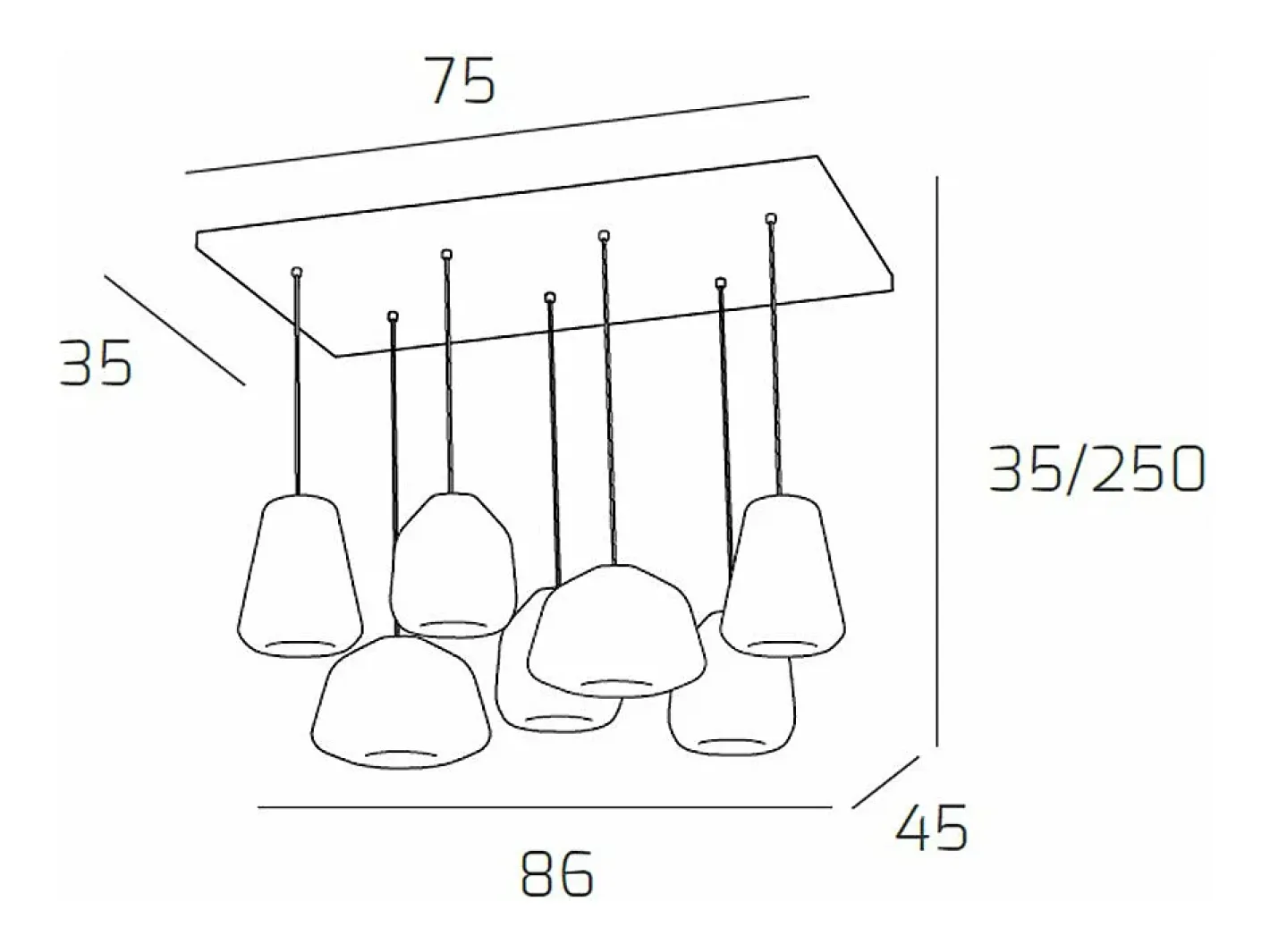 Lámpara Suspendida-Sospensione Cromo 7 Luci Rettangolare Vetri (Alpha 2X Tr) (Beta 2X Tr) (Gamma 3X Fu) Plateado