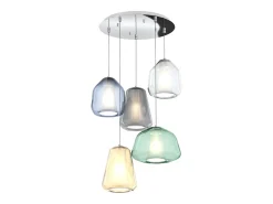 Lámpara Suspendida-Sospensione Cromo 5 Luci Tonda Vetri (Alpha Ve) (Beta Tr + Blu) (Gamma Fu + Am) Plateado