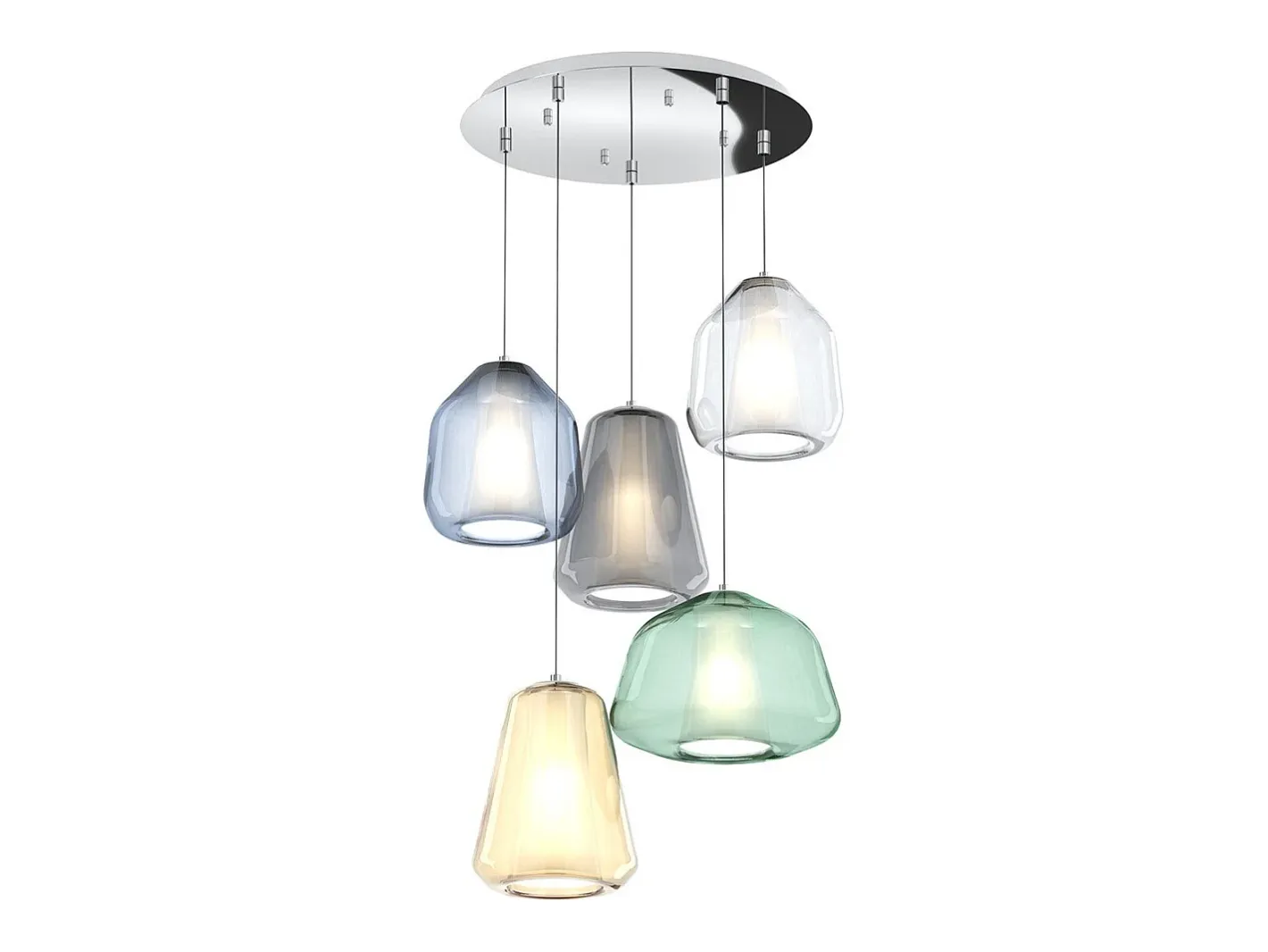 Lámpara Suspendida-Sospensione Cromo 5 Luci Tonda Vetri (Alpha Ve) (Beta Tr + Blu) (Gamma Fu + Am) Plateado