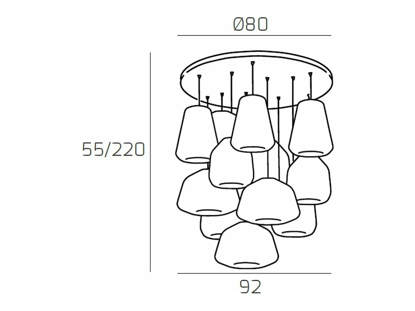 Lámpara Suspendida-Sospensione Cromo 12 Luci Tonda Vetri 3X Alpha + 4X Beta + 5X Gamma Ambra Plateado