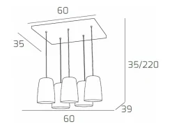 Sospensione Cromo Rettangolare 5 Luci (3 Am + 2 Ra) Cobrizo New