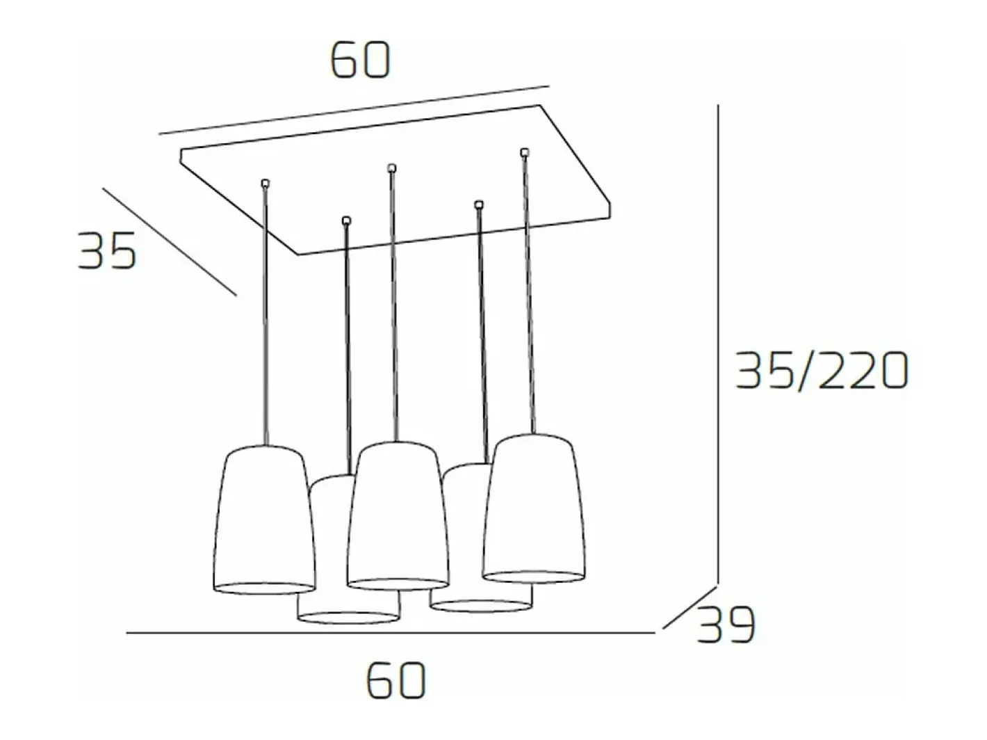 Sospensione Cromo Rettangolare 5 Luci (3 Am + 2 Ra) Cobrizo New
