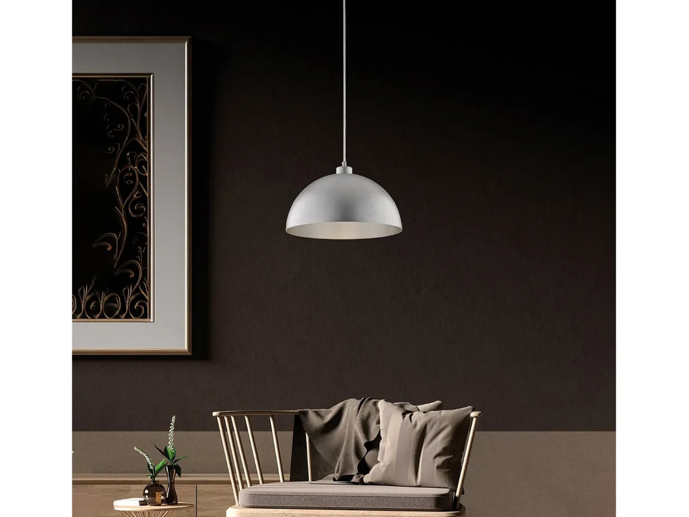 Lámpara Suspendida-Sospensione Industrial 1 Luce Marcus In Ferro Laccato Argento Diam 35 Plateado