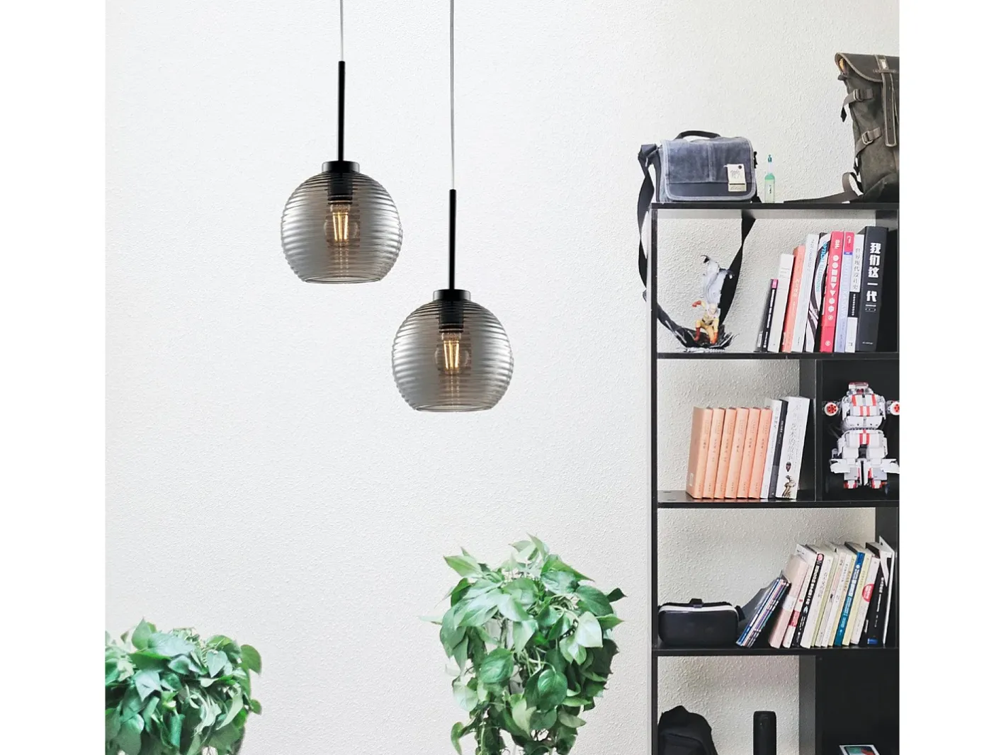 Sospensione Moderna Ankara 1 Luce Ferro Nero Vetro Soffiato Grigio Specchiato Negro
