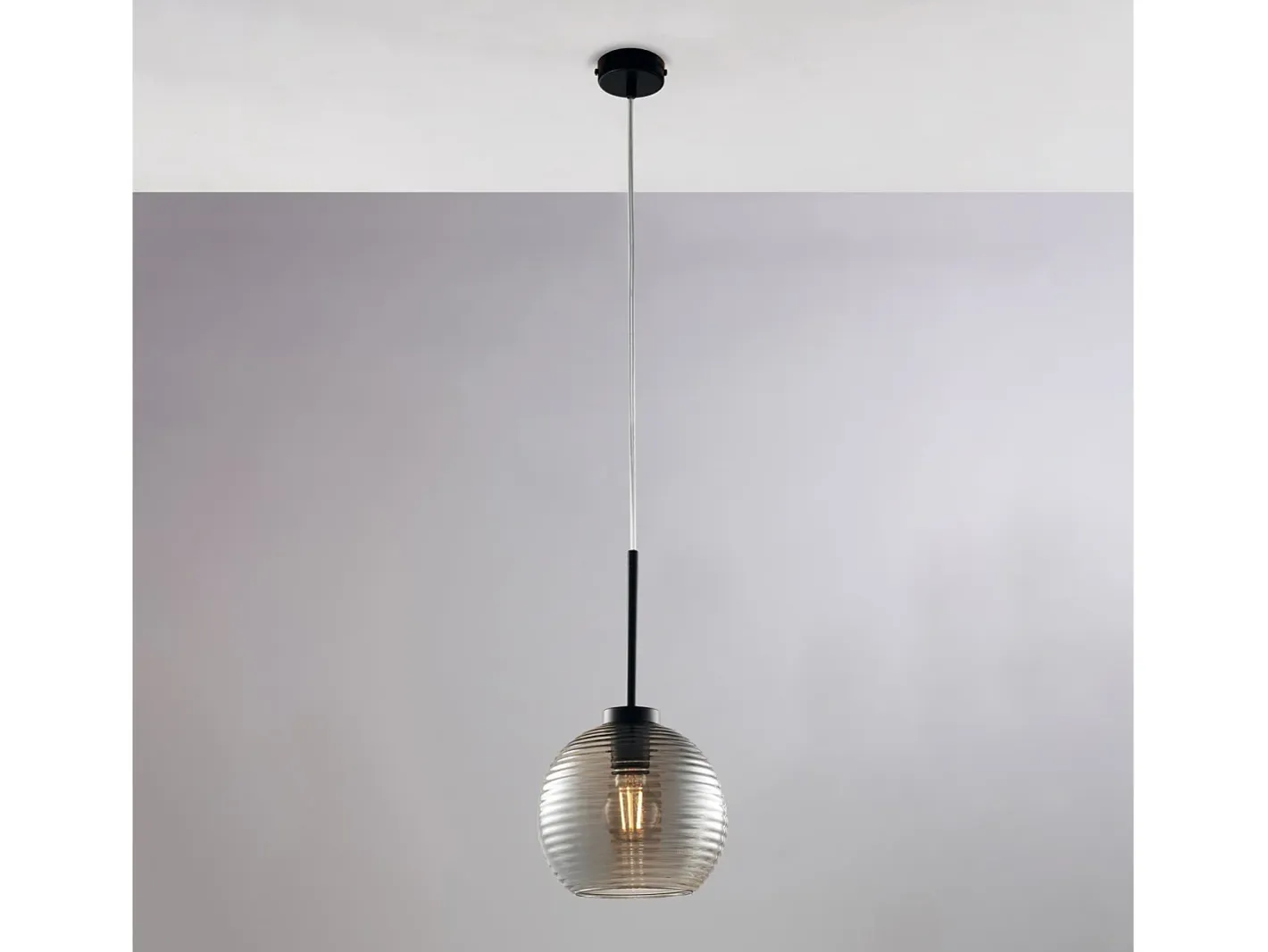 Sospensione Moderna Ankara 1 Luce Ferro Nero Vetro Soffiato Grigio Specchiato Negro
