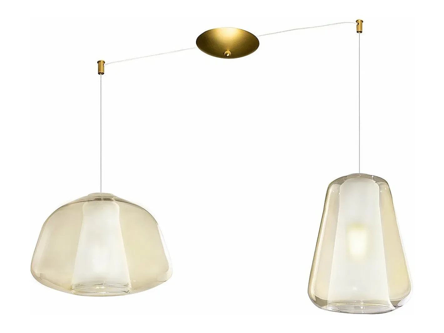 Sospensione Ottone Sat. 2 Luci Spostabile Vetri Alpha + Gamma Ambra Beige Hot
