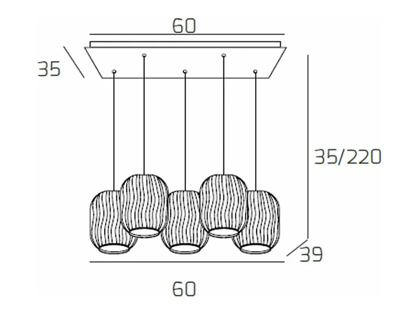 Lámpara Suspendida-Sospensione Ottone Sat. 5 Luci Rettangolare Vetri 2X Tr + 3X Am Transparente