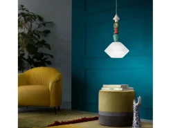 Ferroluce Lámpara Suspendida-Sospensione Piccola Vintage Decò Lariat Ceramica Bianco Latte 1 Luce E27 Blanco