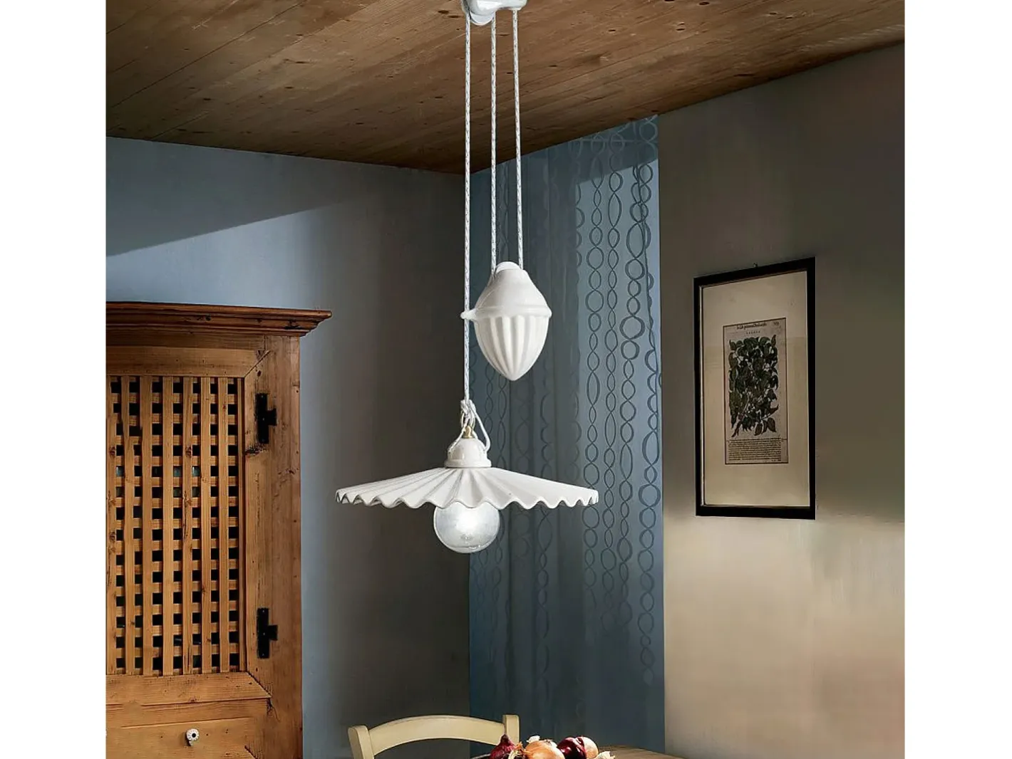 Ferroluce Lámpara Suspendida-Sospensione Saliscendi Classico L'Aquila Metallo E Ceramica Ottone 1 Luce E27 Dorado