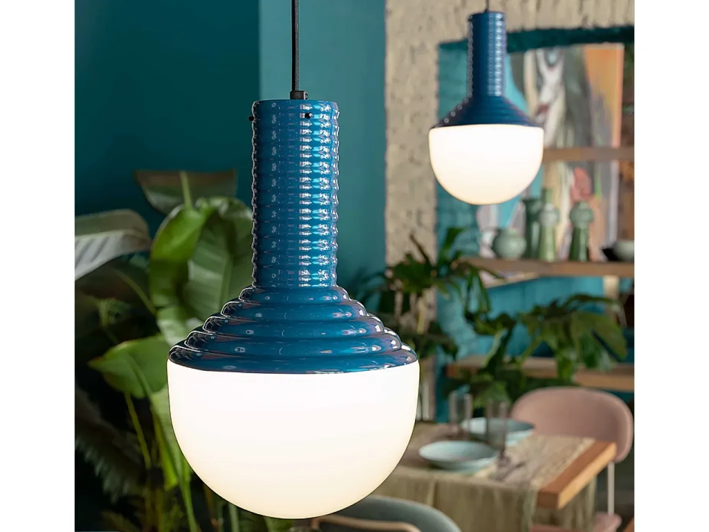 Ferroluce Sospensione Vintage Grande Decò Selaron Ceramica Blu 1 Luce E27 Azul Hot