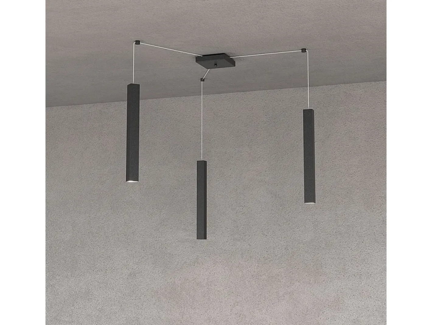 Lámpara Suspendida-Square Tube Sospensione 3 Luci Nero Cavo Cm.250 Con Base Negro