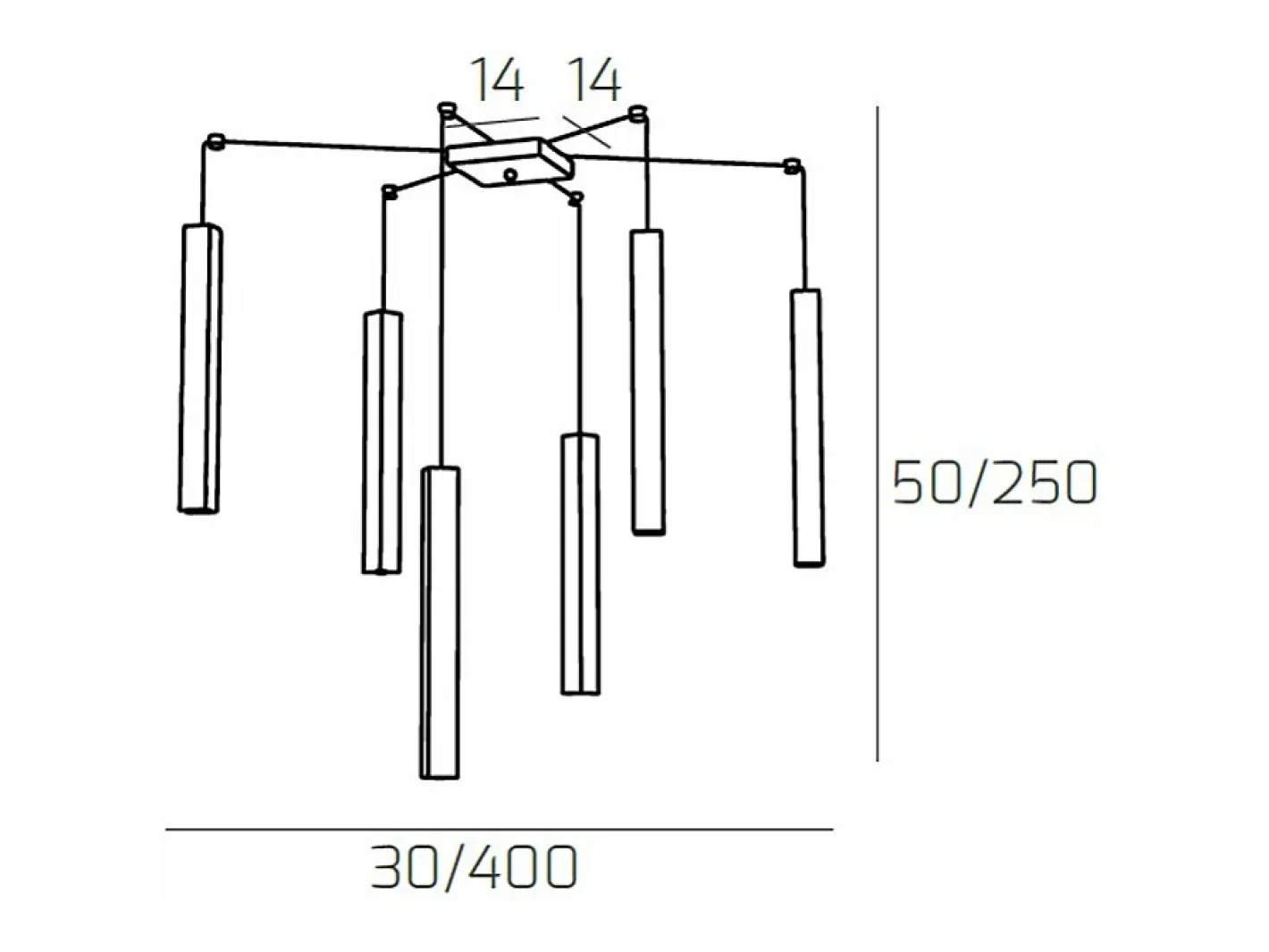 Lámpara Suspendida-Square Tube Sospensione 6 Luci Nero Cavo Cm.250 Con Base Negro
