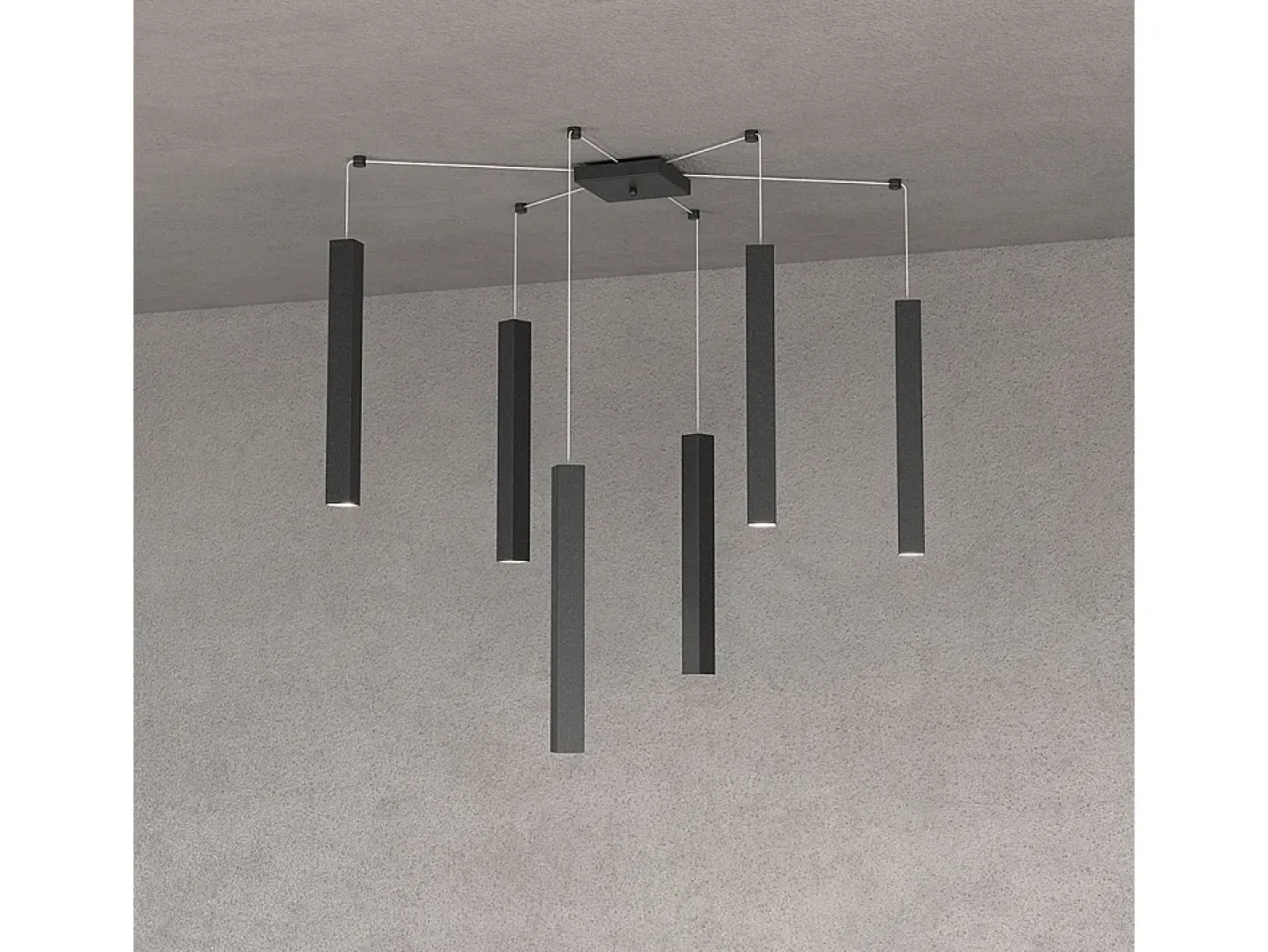 Lámpara Suspendida-Square Tube Sospensione 6 Luci Nero Cavo Cm.250 Con Base Negro