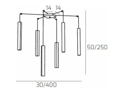 Lámpara Suspendida-Square Tube Sospensione 6 Luci Grigio Cavo Cm.250 Con Base Gris