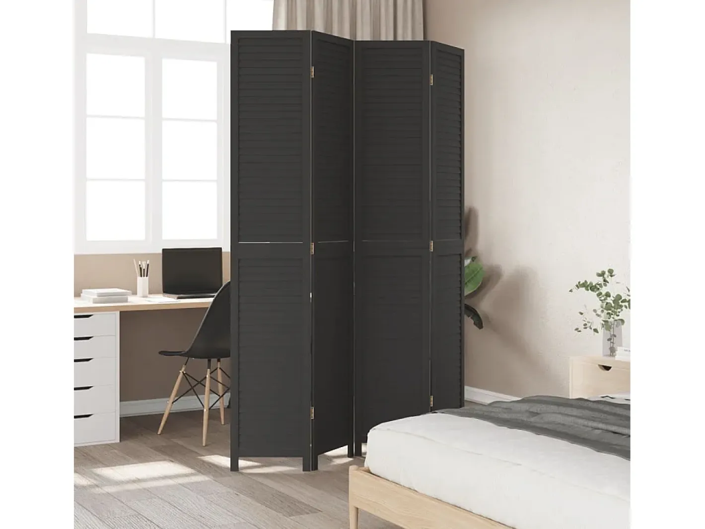Tabique divisorio de 4 paneles en madera maciza de paulownia negra Negro Online