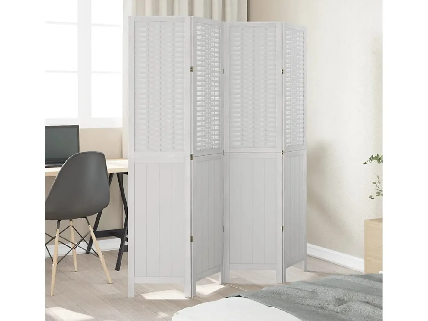 Clearance Tabique divisorio de 4 paneles en madera maciza de paulownia blanca Blanco