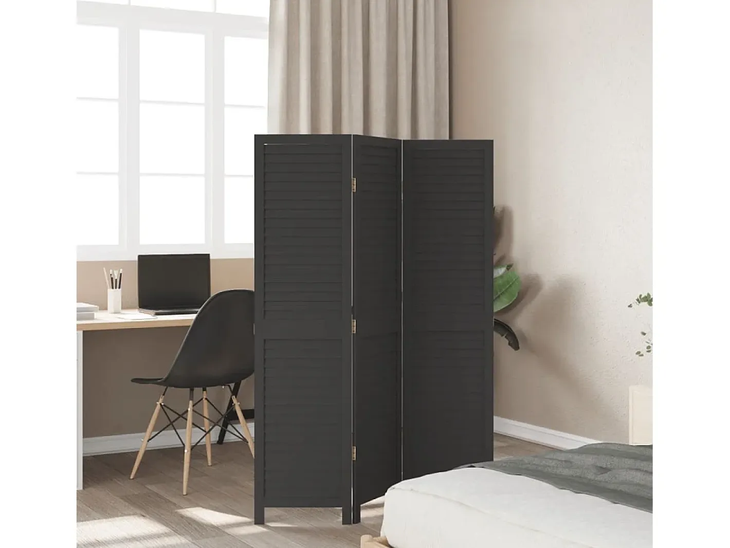 Outlet Tabique divisorio de 3 paneles en madera maciza de paulownia negra Negro