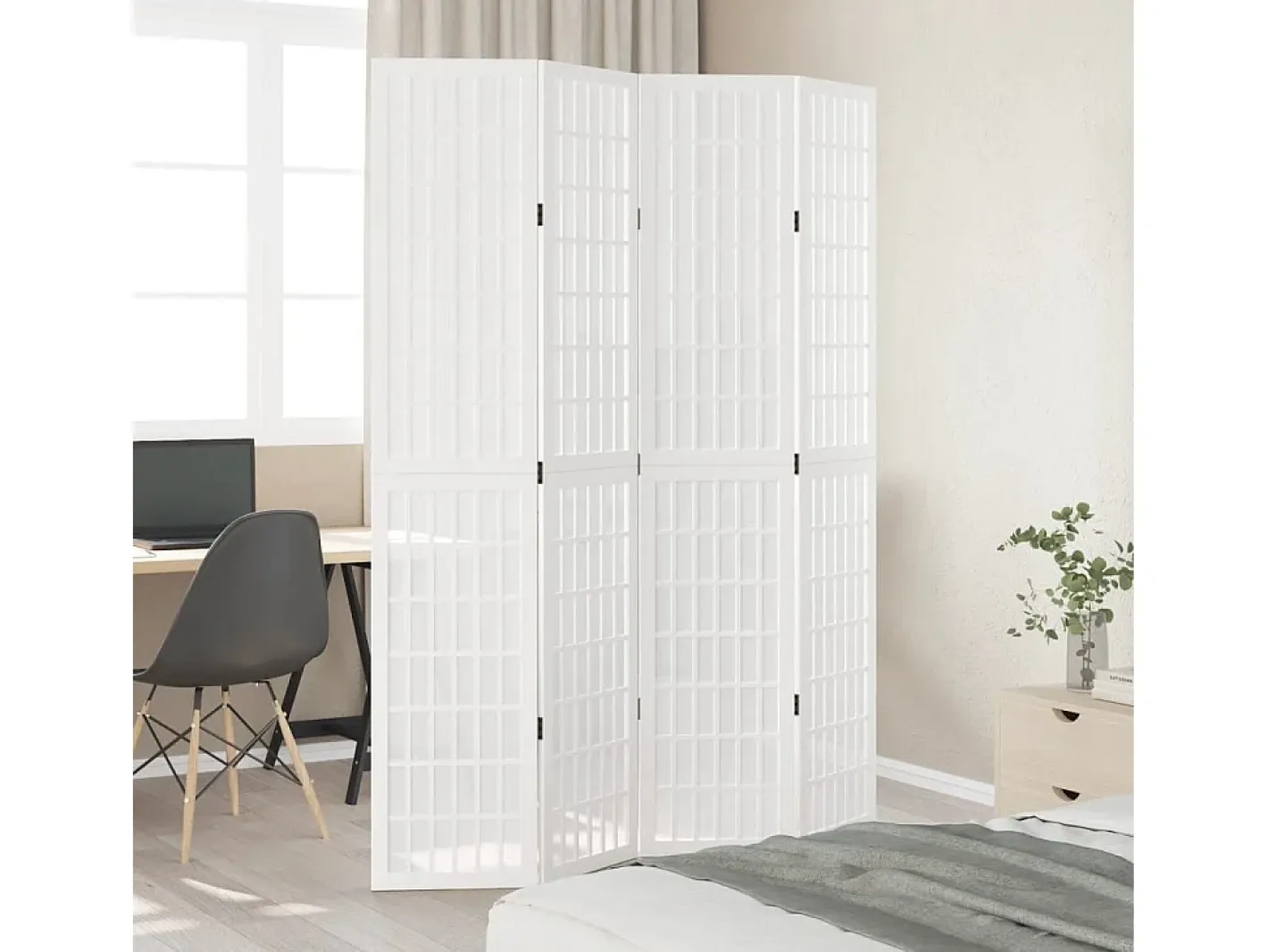 Tabique divisorio de 4 paneles en madera maciza de paulownia blanca Blanco New