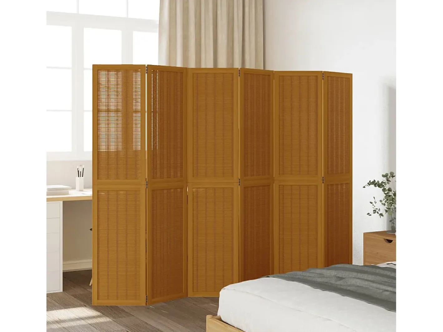 Biombo-Tabique divisorio de 6 paneles en madera maciza de paulownia marrón Marru00f3n