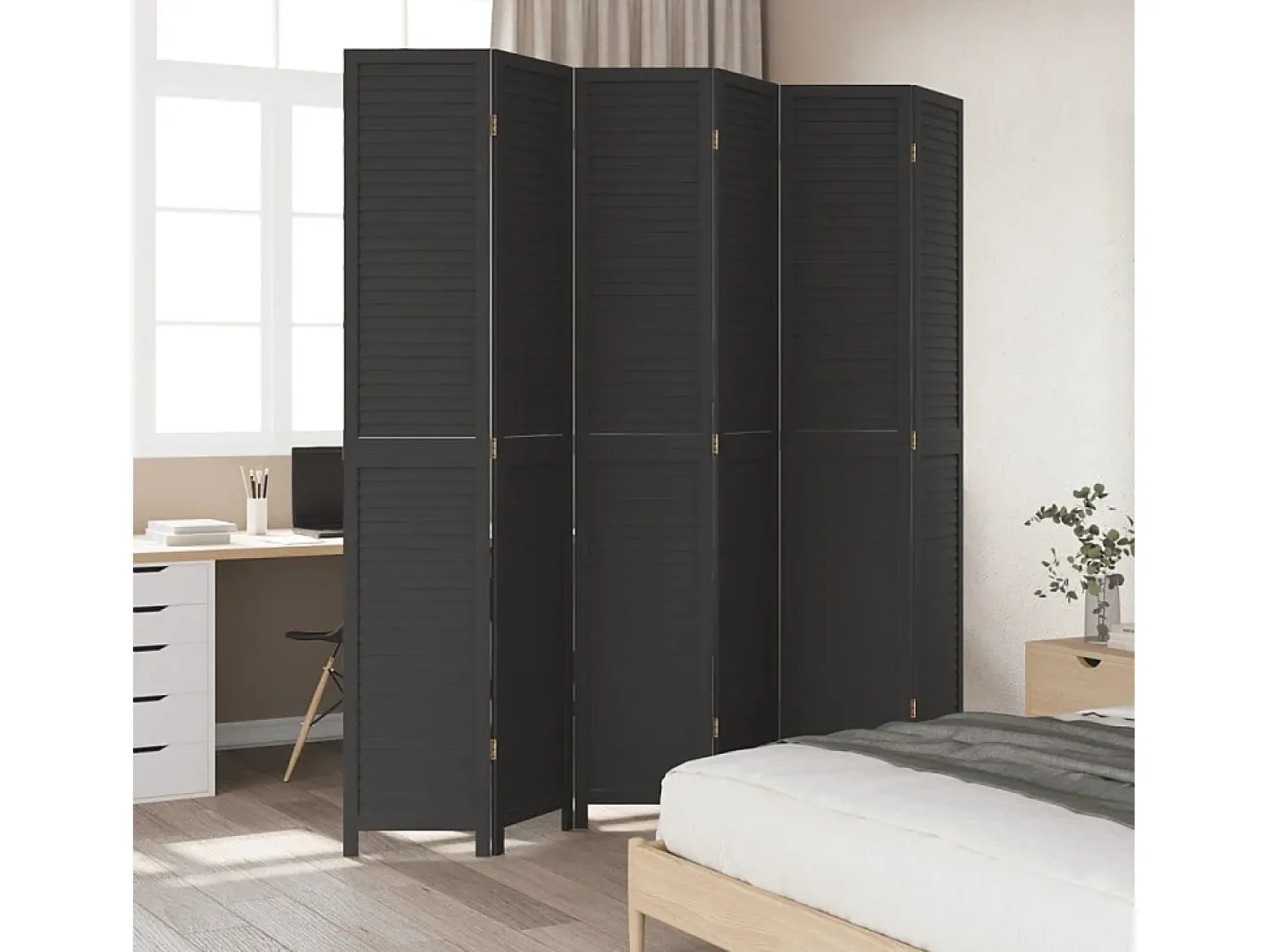 Tabique divisorio de 6 paneles en madera maciza de paulownia negra Negro Outlet
