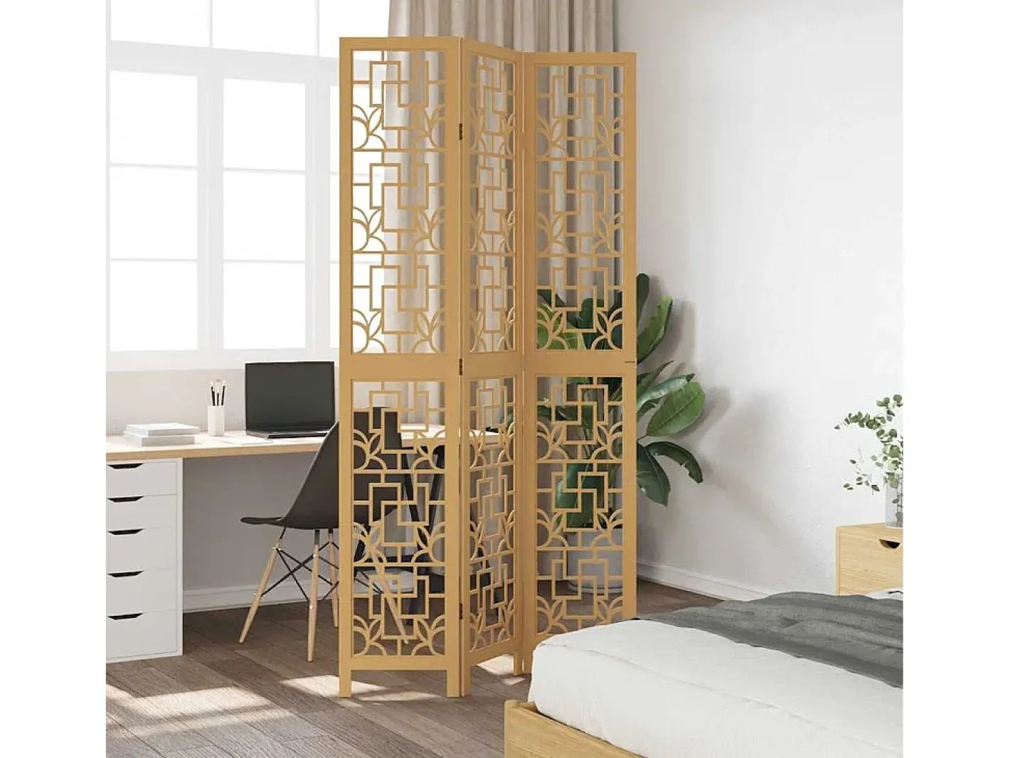 Tabique divisorio de 3 paneles en madera maciza de paulownia marrón Marru00f3n Outlet