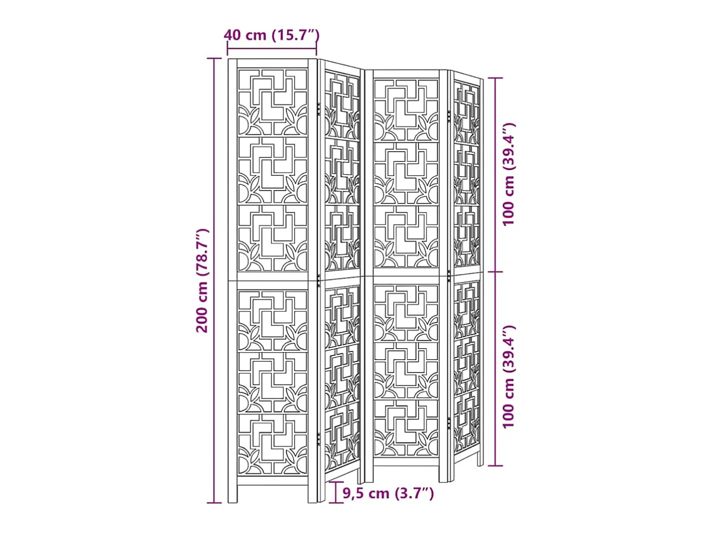 Outlet Tabique divisorio de 4 paneles en madera maciza de paulownia marrón Marru00f3n
