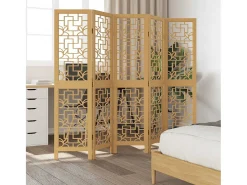 Biombo-Tabique divisorio de 5 paneles en madera maciza de paulownia marrón Marru00f3n