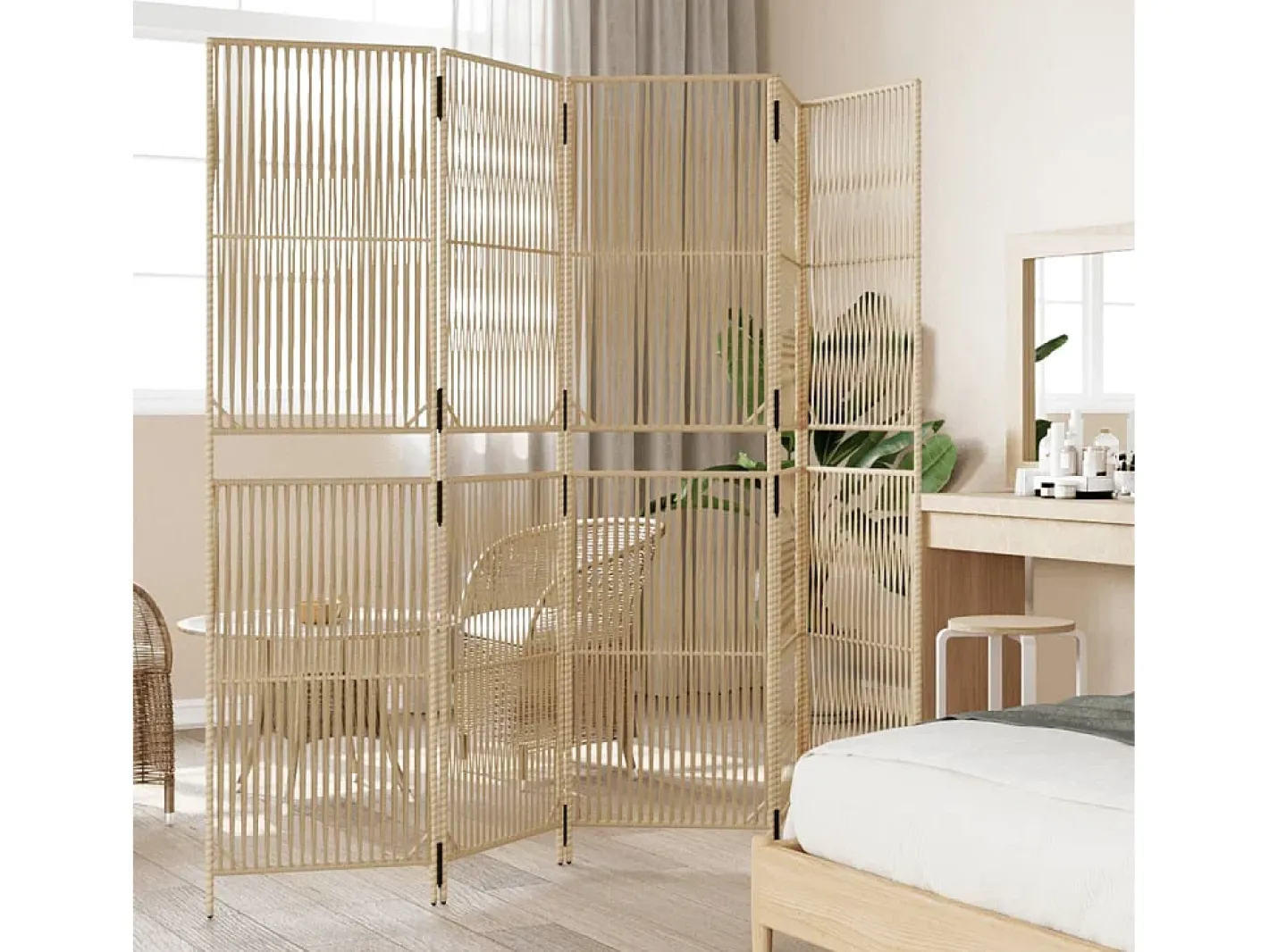 Biombo-Tabique divisorio de 5 paneles de mimbre de resina Beige