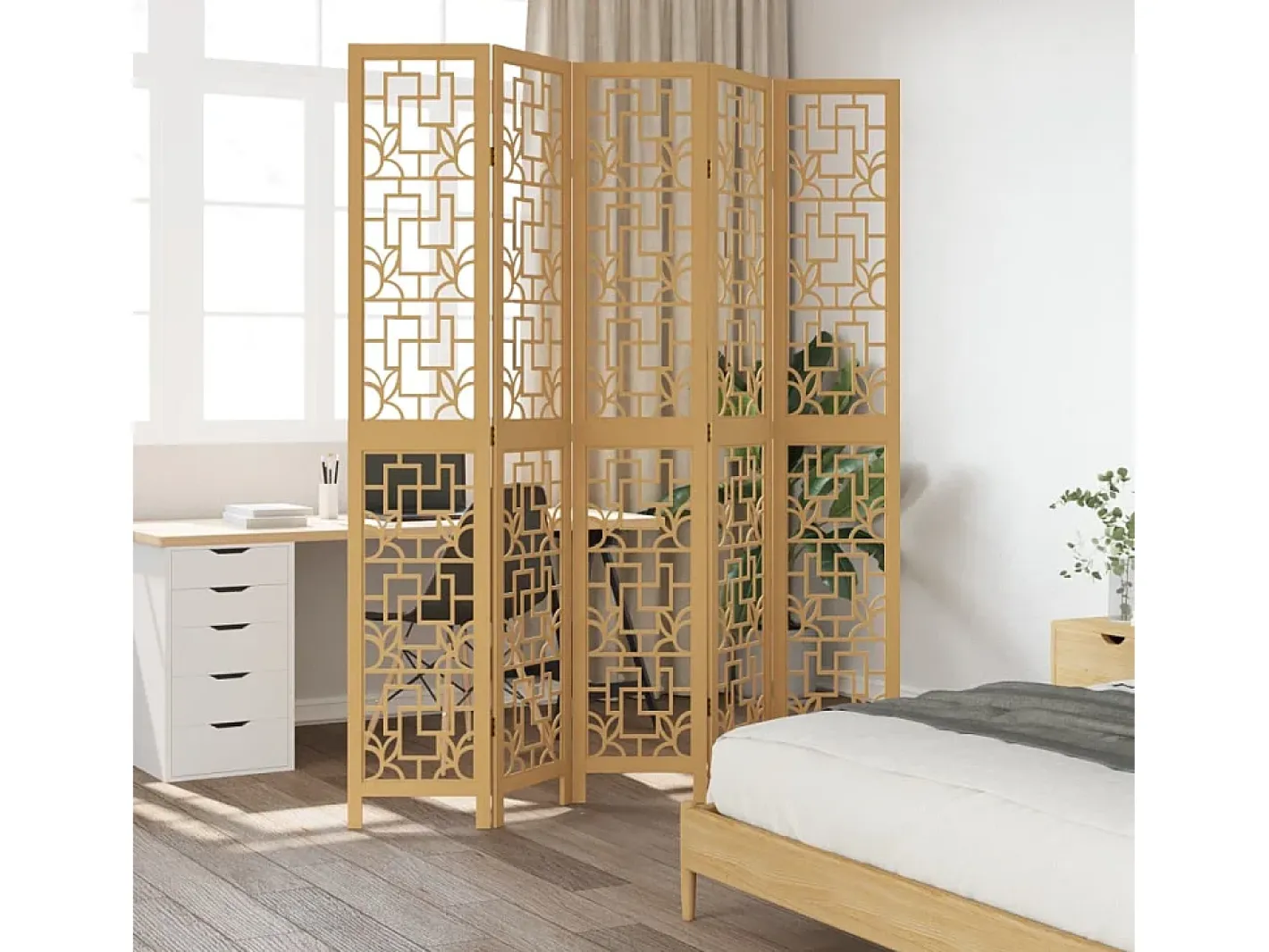Biombo-Tabique divisorio de 5 paneles en madera maciza de paulownia marrón Marru00f3n