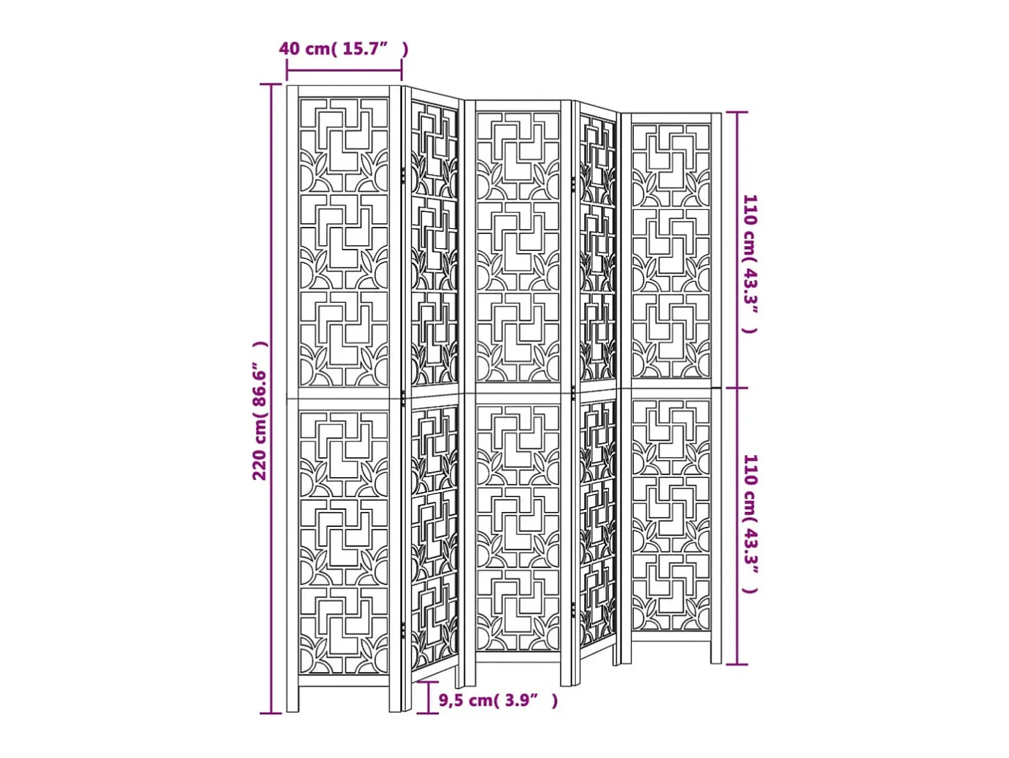 Biombo-Tabique divisorio de 5 paneles en madera maciza de paulownia marrón Marru00f3n