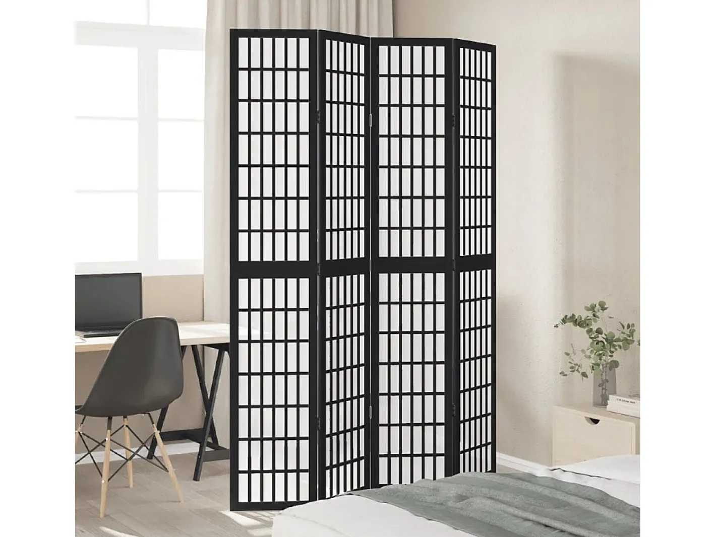 Tabique divisorio de 4 paneles en madera maciza de paulownia negra Negro Discount