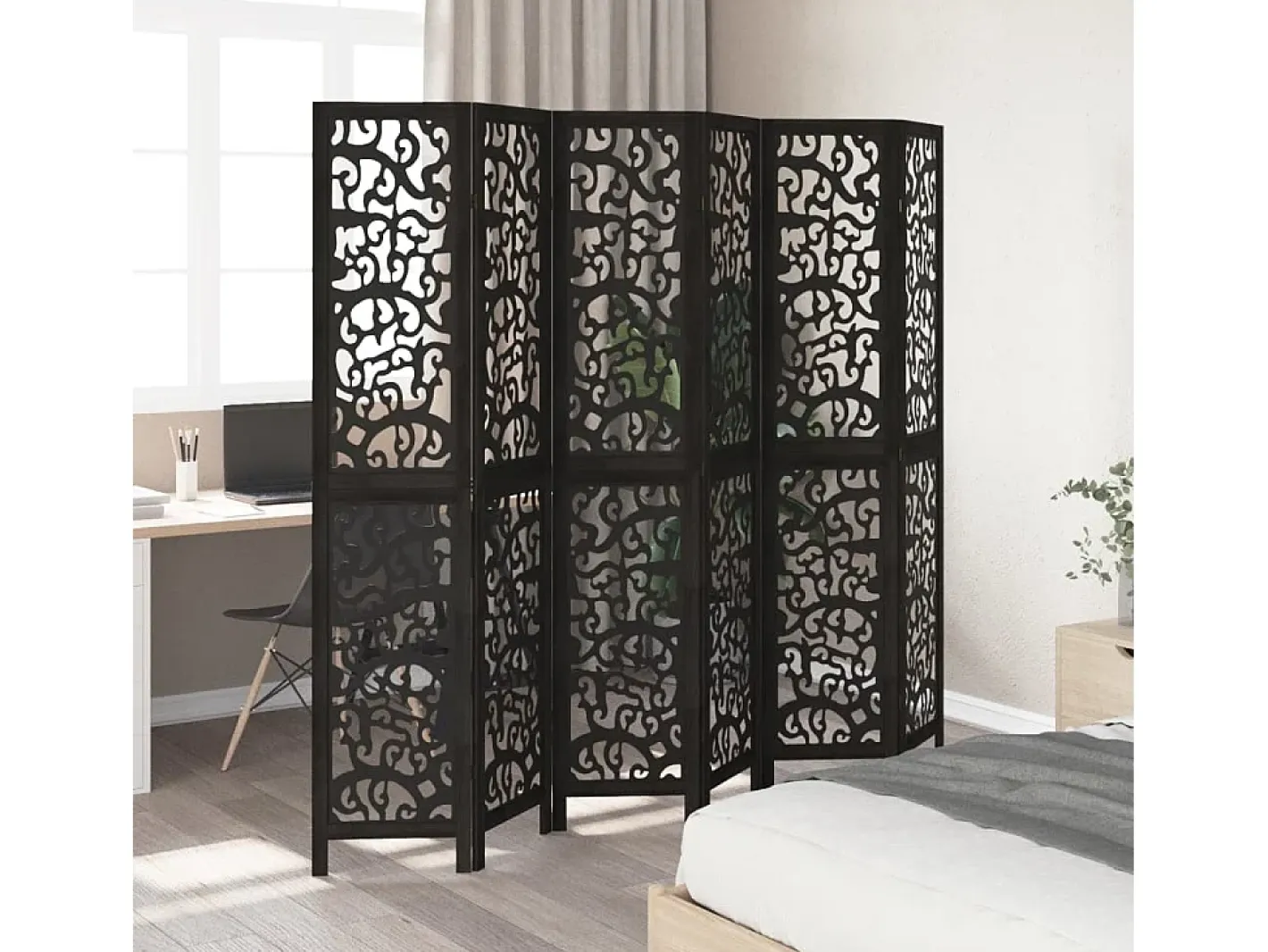 Sale Tabique divisorio de 6 paneles en madera maciza de paulownia negra Negro