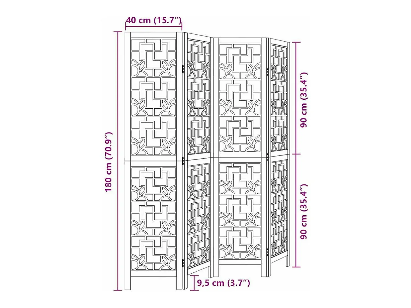 Biombo-Tabique divisorio de 4 paneles en madera maciza de paulownia marrón Marru00f3n