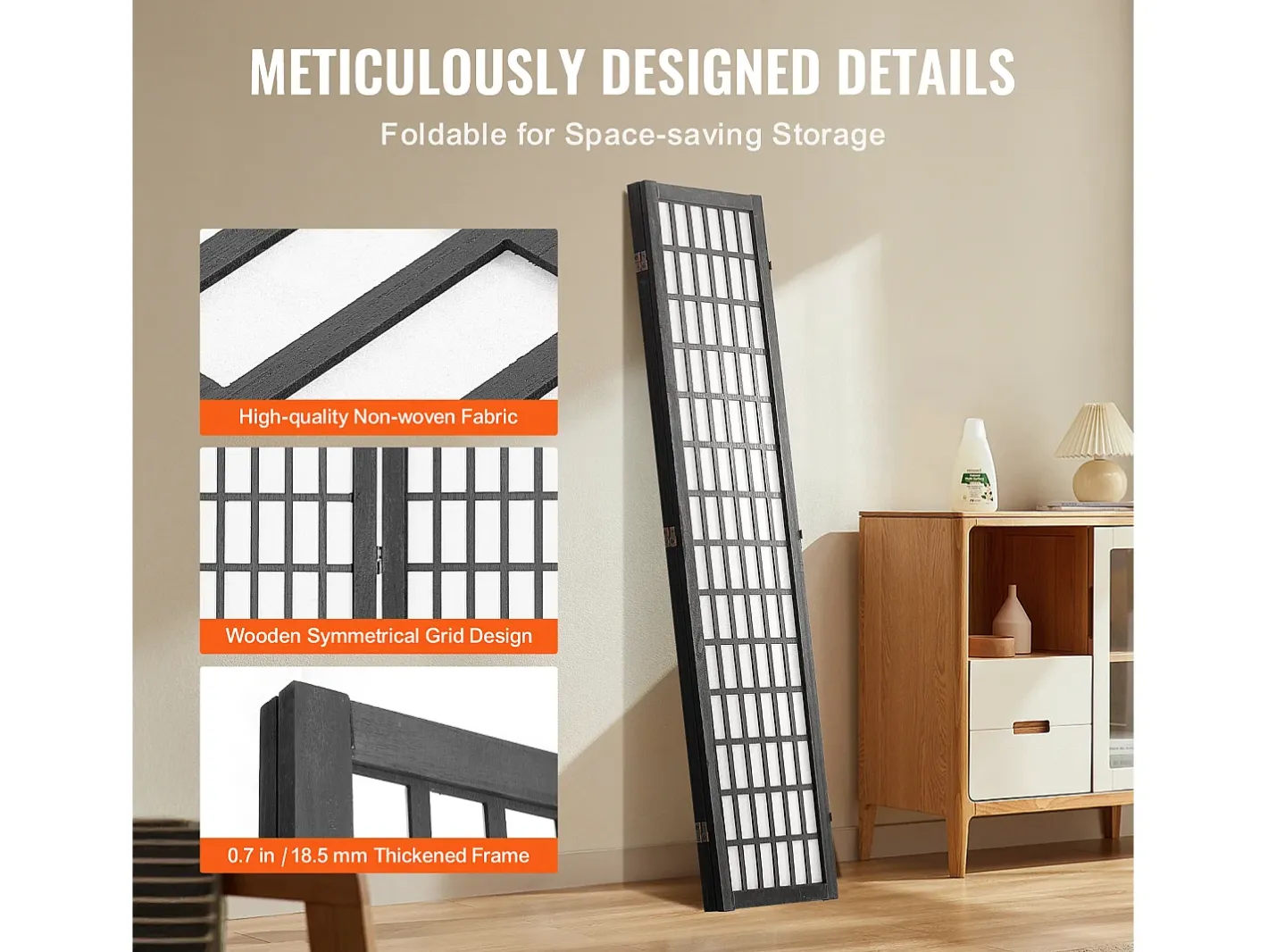 Biombo-Tabique Divisorio SucceBuy, Tabique Divisorio Japonés de 3 Paneles, Tabique Japonés Portátil, de Madera, Gira 360°, 120,5 x 170 x 1,9 cm, para Separar Habitaciones Negro