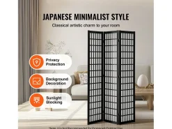 Biombo-Tabique Divisorio SucceBuy, Tabique Divisorio Japonés de 3 Paneles, Tabique Japonés Portátil, de Madera, Gira 360°, 120,5 x 170 x 1,9 cm, para Separar Habitaciones Negro