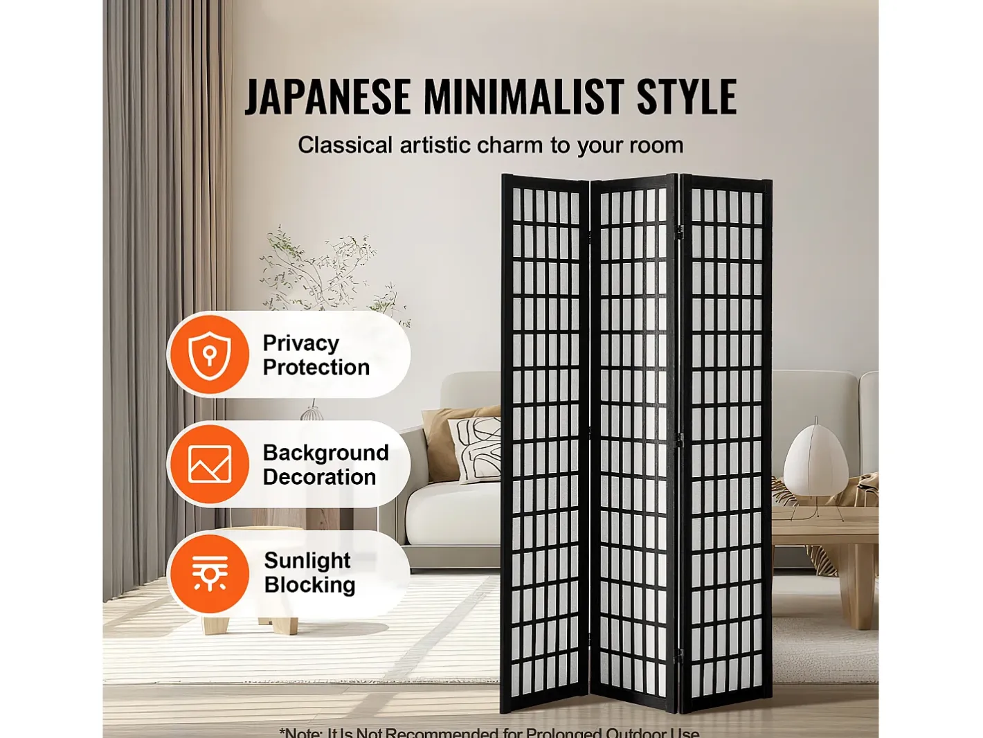 Biombo-Tabique Divisorio SucceBuy, Tabique Divisorio Japonés de 3 Paneles, Tabique Japonés Portátil, de Madera, Gira 360°, 120,5 x 170 x 1,9 cm, para Separar Habitaciones Negro