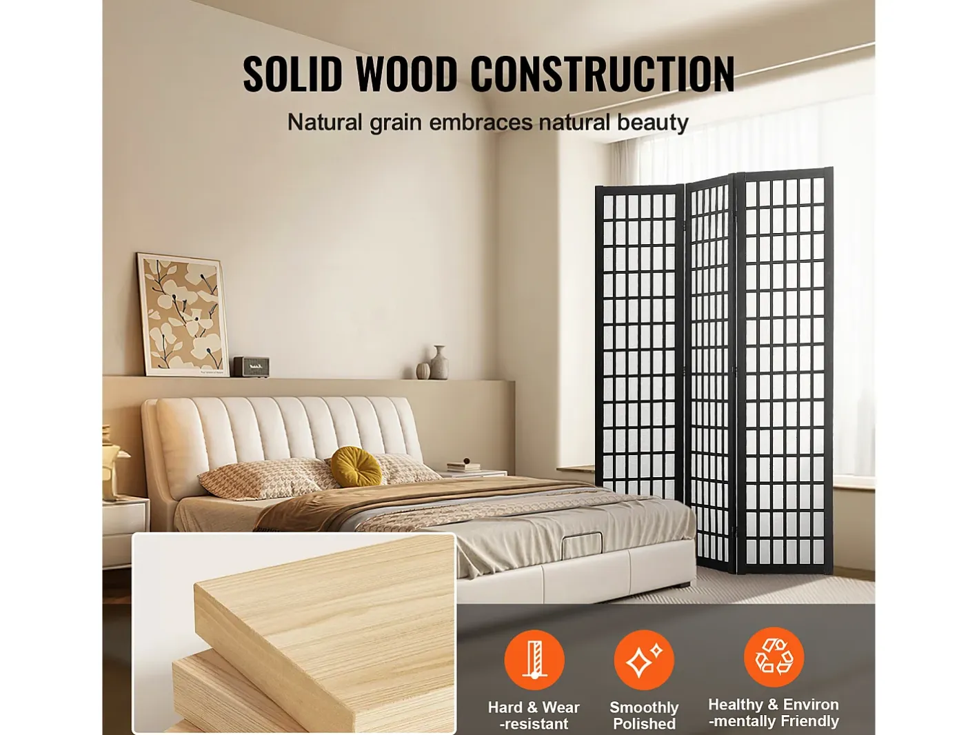 Biombo-Tabique Divisorio SucceBuy, Tabique Divisorio Japonés de 3 Paneles, Tabique Japonés Portátil, de Madera, Gira 360°, 120,5 x 170 x 1,9 cm, para Separar Habitaciones Negro