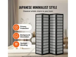 Biombo-Tabique Divisorio SucceBuy, Tabique Divisorio Japonés de 4 Paneles, Tabique Japonés Portátil, de Madera, Gira 360°, 162 x 170 x 1,9 cm, para Separar Habitaciones Negro