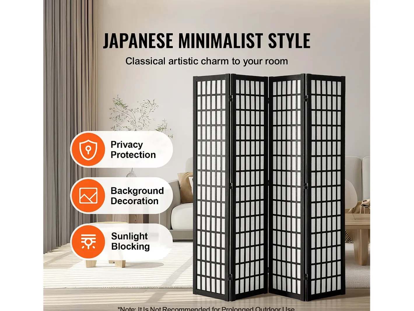Biombo-Tabique Divisorio SucceBuy, Tabique Divisorio Japonés de 4 Paneles, Tabique Japonés Portátil, de Madera, Gira 360°, 162 x 170 x 1,9 cm, para Separar Habitaciones Negro