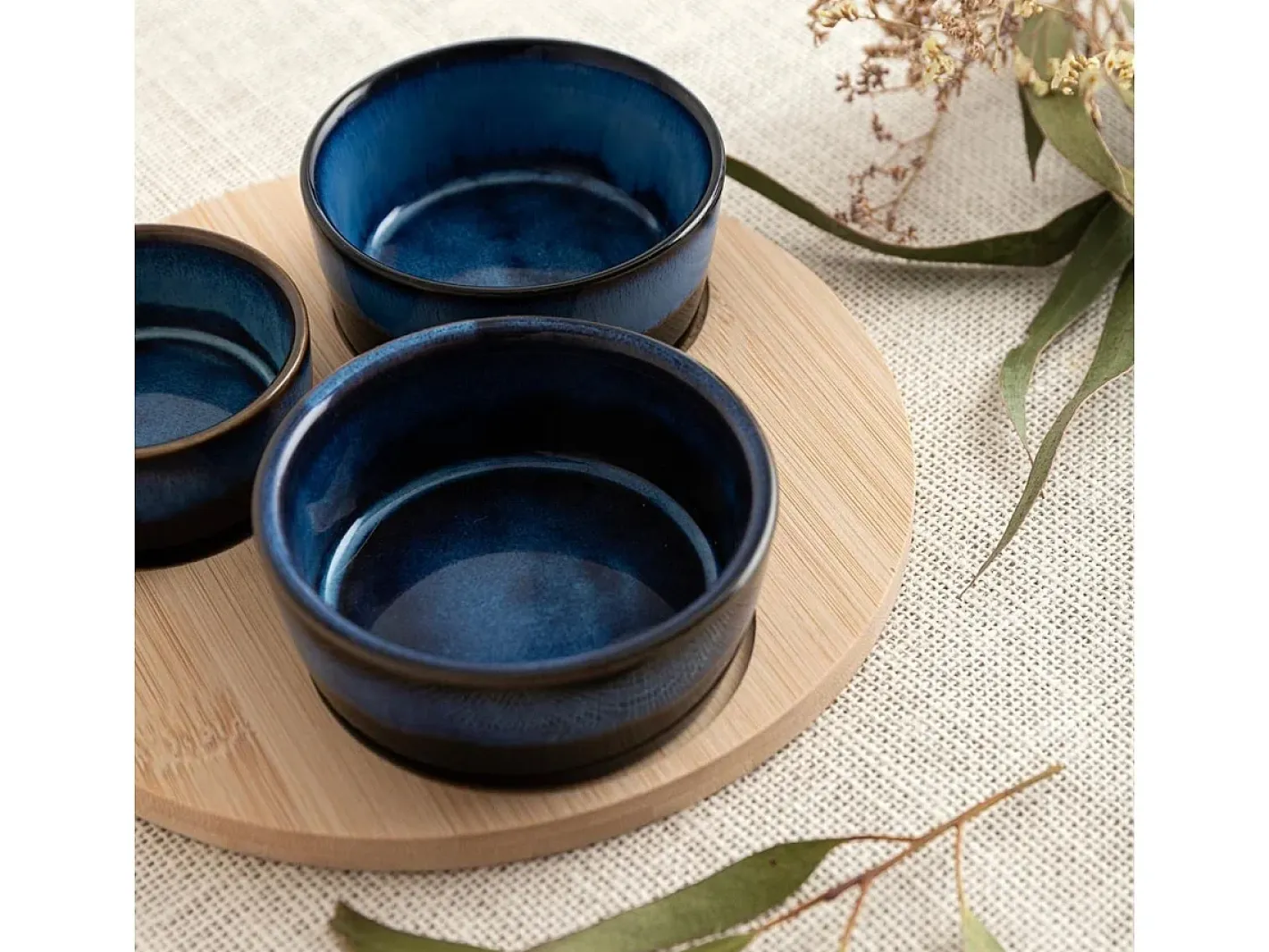 Vajilla-Tabla de aperitivo Moana Bidasoa 3 cuencos cerámica natural/azul Azul oscuro