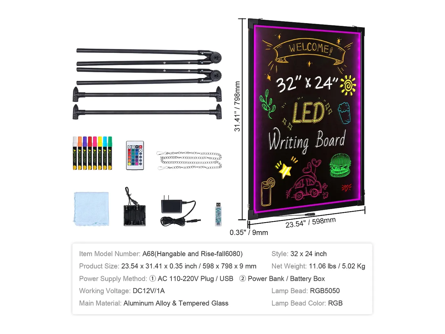 Tablero de Escritura de Mensajes a LED SucceBuy 59,8 x 79,8 cm Tablero Borrable Iluminado Negro Sale