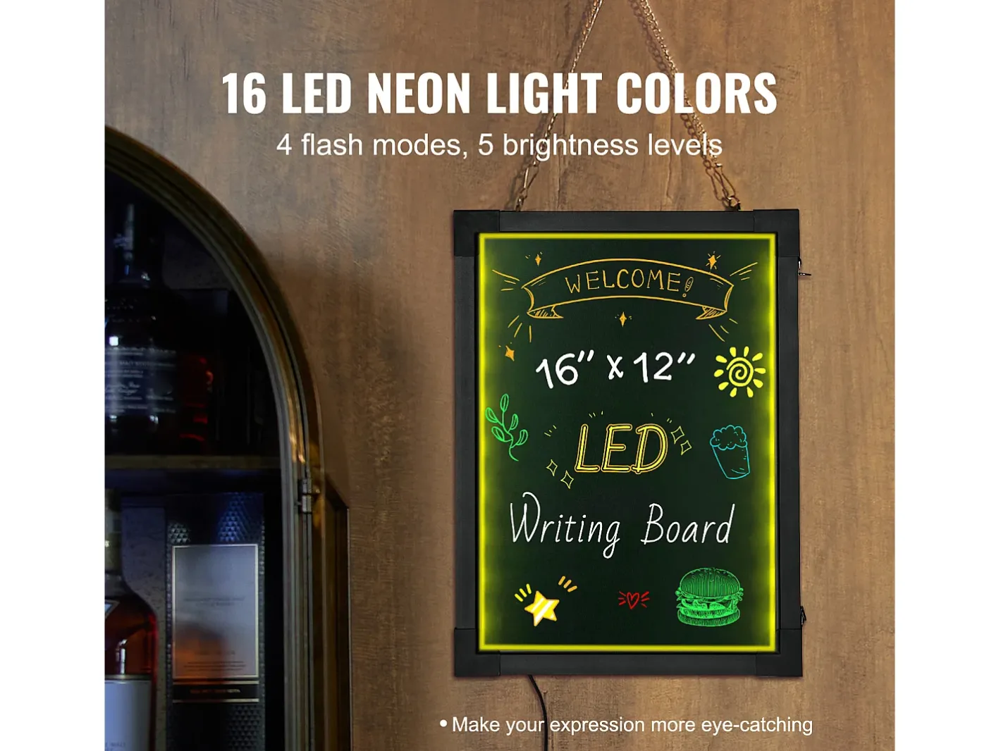 Cuadro-Tablero de Escritura de Mensajes con LED SucceBuy, 40,5 x 30,2 cm Iluminado y Borrable, para la Casa, la Tienda de Bodas Negro