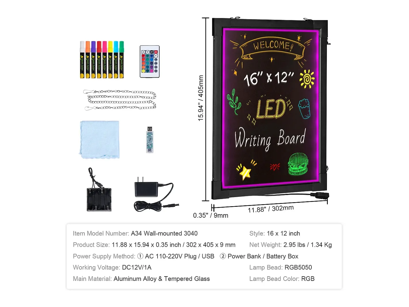 Cuadro-Tablero de Escritura de Mensajes con LED SucceBuy, 40,5 x 30,2 cm Iluminado y Borrable, para la Casa, la Tienda de Bodas Negro