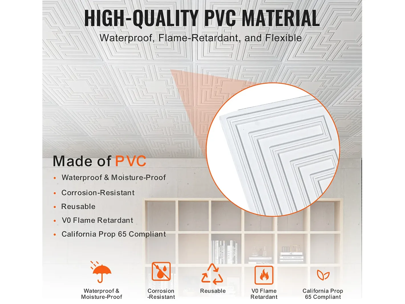 Sticker-Tejas Autoadhesivas PVC SucceBuy Placas de Techo Pack de 12 60.96CM x 60.96CM PVC Instalación Fácil Eco Estilo Blanco