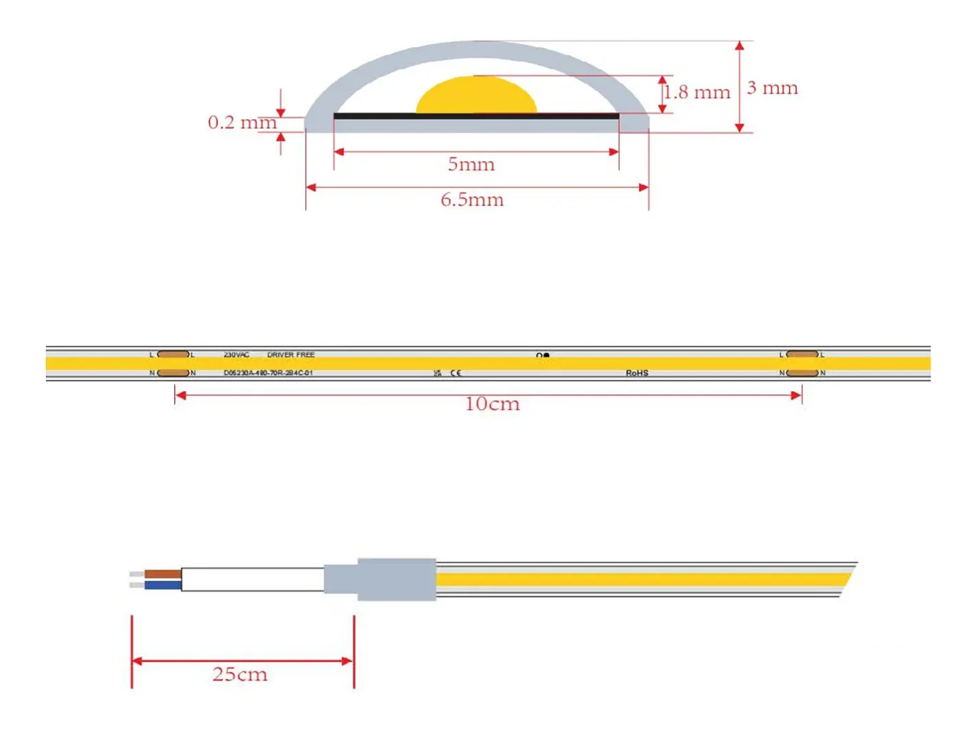 Ledkia Tira LED Regulable 220V COB Autorectificada 480 LED/m BOBINA 20m 12W/m 900lm/m Superestrecha Ancho 6.5mm Corte 10cm IP65 2700K Cálido Blanco New
