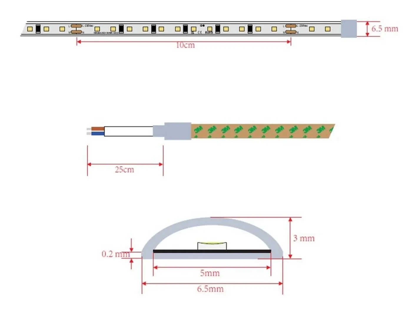 Ledkia Iluminación Exterior-Tira LED Regulable 220V SMD Autorectificada 120 LED/m BOBINA 20m 12W/m 1080lm/m Superestrecha Ancho 6.5mm Corte 10cm IP65 6000K Frío Blanco