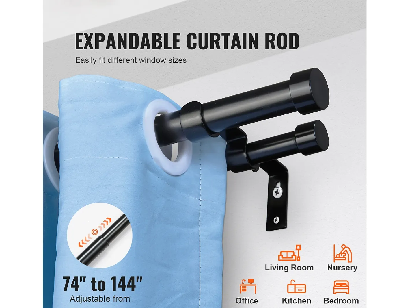 Ropa De Casa-Tirantes de Cortinas de Doble Varilla SucceBuy, de 183 a 366 cm de Longitud Ajustable con Terminales de Tapa Negro