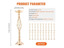 Vaso Succebuy Lote de 20 Vasos de Flores en Metal para Mesa de Matrimonio 58 Cm Dorado New